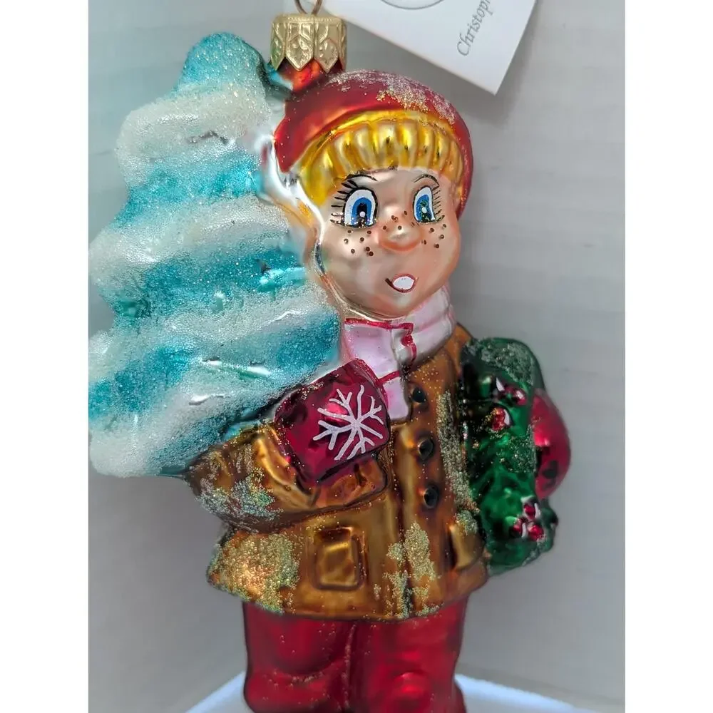 Christopher Radko 1996 Boy with Christmas Tree and Wreath Glass Ornament